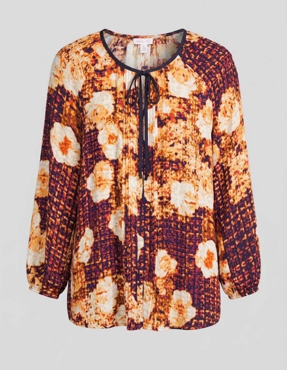 Charter Club Women's XL Floral Abstract Print Long Sleeve Tie Neck Blouse